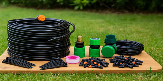 Automatic drip irrigation kit components, including hoses, connectors, and stakes, neatly arranged on a lawn for efficient garden watering.