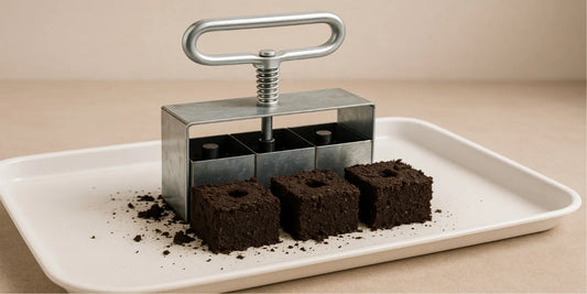 A metal soil blocker tool forming four 2-inch seed blocks on a white tray, each with a centered indentation, surrounded by loose soil.