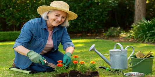 Smiling senior woman in a straw hat gardening outdoors, planting marigolds with gloves and tools, symbolizing safe low-strain gardening.