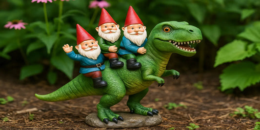Whimsical garden statue of three gnomes riding a green dinosaur, placed outdoors among plants and flowers for playful yard decoration.