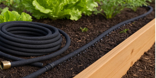 Black soaker hose watering soil in a raised garden bed with green plants, showing efficient garden irrigation.