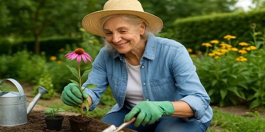 Senior woman in a straw hat and gloves planting flowers in a sunny garden, smiling while gardening safely with colorful blooms around.