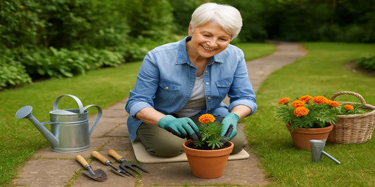 Smiling senior woman kneeling on a pad along a stone path, planting marigolds in a terracotta pot with gloves, tools, and watering can nearby.