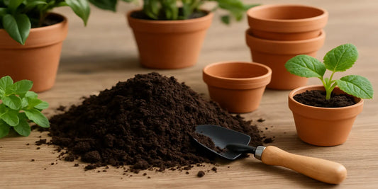 Organic potting soil with terracotta pots, green seedlings, and a small garden trowel on a wooden surface, ideal for indoor and outdoor plants.