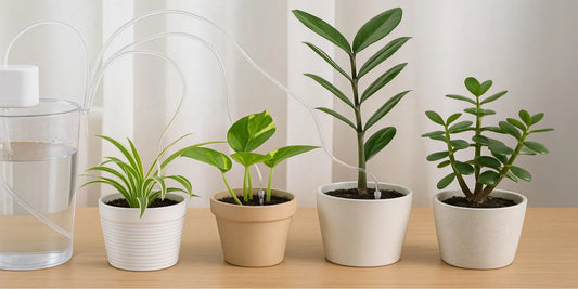 Automatic indoor watering system with clear tubes hydrating four potted houseplants on a wooden table, ideal for easy and consistent plant care.