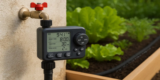 Digital water timer with LCD screen connected to outdoor faucet, automating garden watering near green plants in a raised garden bed.