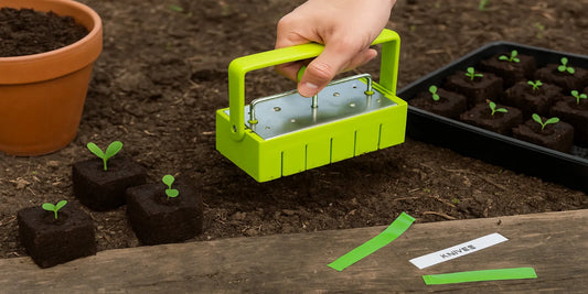 A gardener using a green soil block maker to form square soil blocks with young seedlings, placed on garden soil beside a tray and pot.