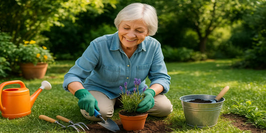 Smiling senior woman gardening outdoors, kneeling on a foam pad while planting lavender with safe tools, bucket, and watering can.