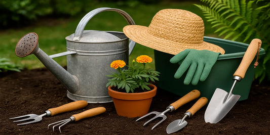 Lightweight gardening tools, watering can, gloves, and straw hat arranged with marigold plant outdoors, symbolizing safe senior gardening.