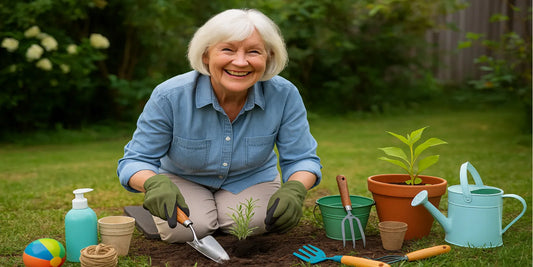 Smiling senior woman gardening outdoors, kneeling on a pad while planting lavender with safe, easy-to-use tools and bright greenery.