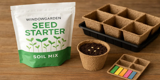 Window Garden Seed Starter Soil Mix bag with peat pots, one filled with soil and seeds, placed on a wooden surface for indoor gardening.