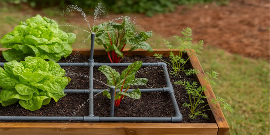 A raised garden bed with a grid watering system irrigating leafy vegetables like lettuce and Swiss chard, ideal for efficient home gardening in 2025.