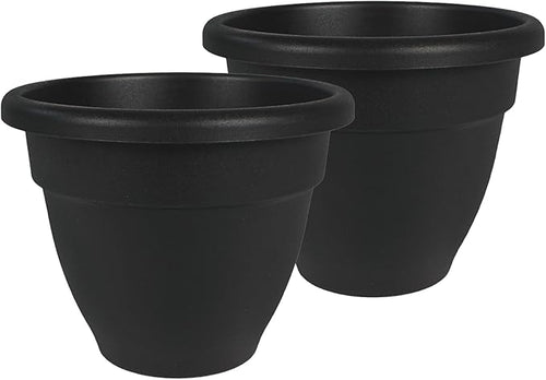 The HC Companies Caribbean Planter Pot - Outdoor & Indoor Plant Pot with Drainage Hole & Plug - Rolled Rim Plastic Pots for Plants & Flowers - Decorative Plant Pot (12" Black, Pack of 2)
