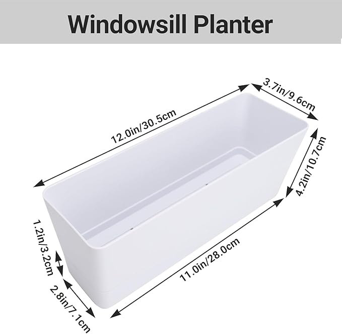 GREANER Flower Boxes, 3 Pack 12x3.8 Inch Rectangle Window Boxes, Herb Planters with Tray, Indoor Succulent Cactus Flowers Plastic Drawable Pot for Windowsill, Garden, Balcony, Office Outdoor (White)