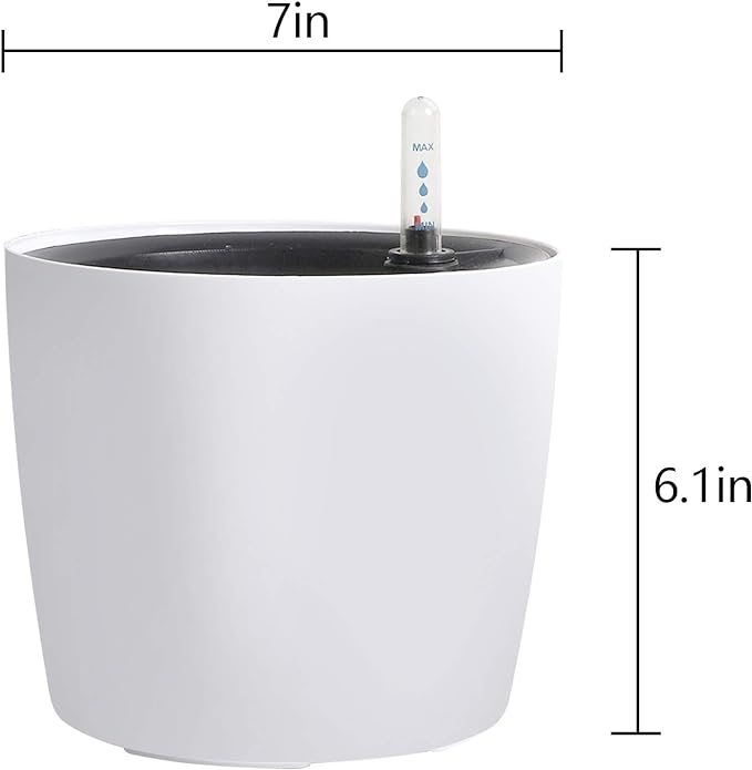 KINJOEK 4 Packs 7 Inch Self Watering Planter with Water Level Indicator, Modern Garden Decorative White Flower Pot for House Plants, Flowers, African Violets, Succulents, White