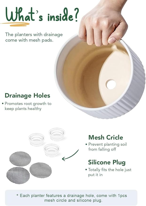 LE TAUCI Ceramic Plant Pots with Drainage Holes, Set of 3, 8+6.7+5.5 Inch Stripe Garden Planter Pots for Outdoor Indoor Plants Flower, Round Succulent Orchid Flower Pot, Small to Large Size, White