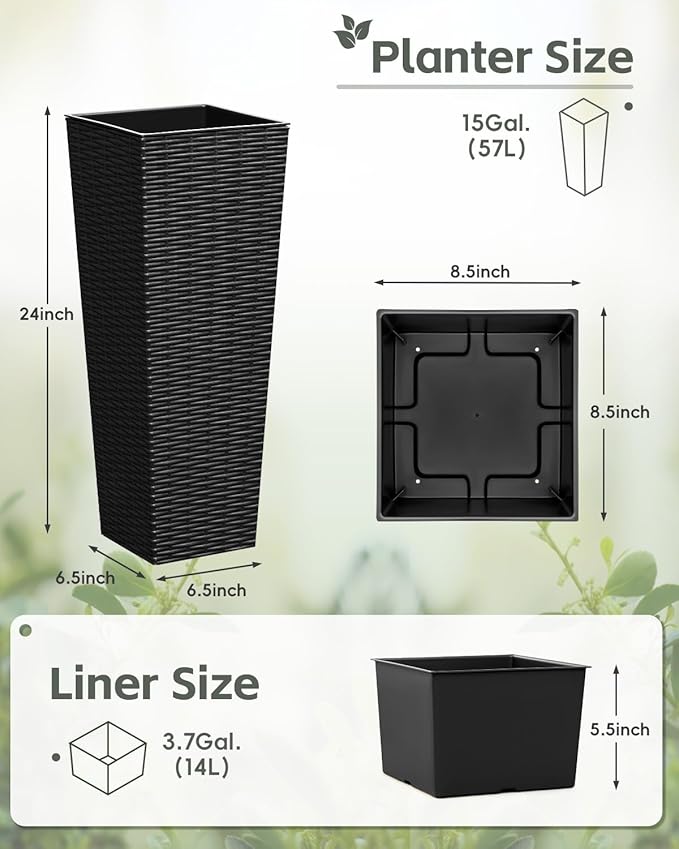Greesum 24 Inch Tall Plastic Planters with Rattan Texture – Set of 2, Detachable Inner Pot & Drainage Holes, Indoor/Outdoor Decorative Flower Pots for Large Plants, Trees, Patio, and Garden, Black