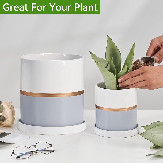 Ekirlin 5 inch Plant Pot - Ceramic Flower Planters Indoor - Modern Succulents Containers with Drain Hole Saucer, Decorate Home, Office & Outdoor (Grey)