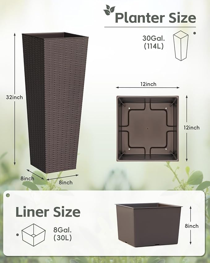 Greesum 32 Inch Tall Plastic Planters with Rattan Texture – Set of 2, Detachable Inner Pot & Drainage Holes, Indoor/Outdoor Decorative Flower Pots for Large Plants, Trees, Patio, and Garden, Brown