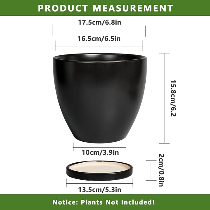 Ceramic Pots for Plants - 6 Inch Plant Pot with Drainage Hole and Saucer, Succulent Round Flower Planters for Indoor, Home Decor, Black