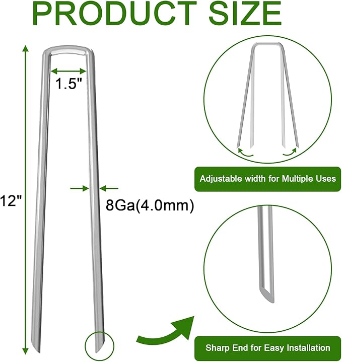 AAGUT 12 Inch 8 Gauge Landscape Staples 40 Pack Galvanized Garden Stakes Heavy Duty Sod Pins Fence Ground Stakes for Weed Barrier Fabric Ground Cover Dripper Irrigation Tubing Soaker