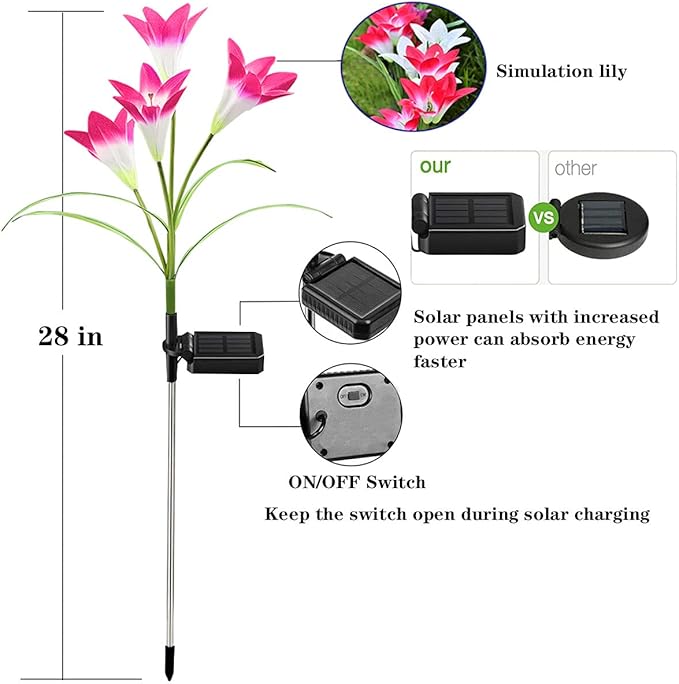 ZYLiWoo-Solar Flower Lights, 6 Pack Outdoor Lily Flower Lights, Multi Color Changing LED 24 Flowers Lily Flower Solar Garden Stakes Flower Lights, for Patio, Lawn, Garden, Yard Decoration