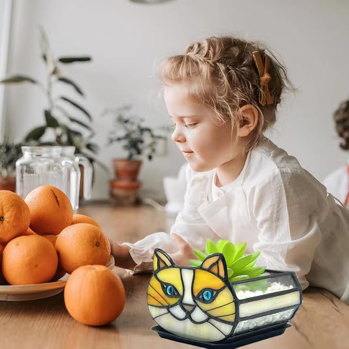 Stained Glass Yellow Cat Flower Pot,Small Succulent Planter for Indoor Plants,Cat Plant Decoration for Windowsill 4.33x3.54x2.95 in(Excluding Plants)