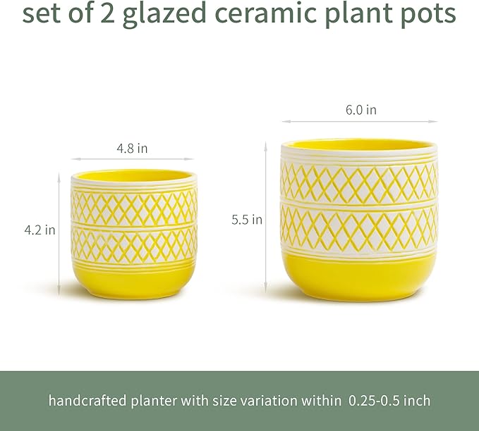 Ceramic Plant Pots, 6 + 4.7 inch Yellow Plant Pot, Flower Pots for Indoor Plants, Planter with Drainage Hole for Succulent Orchid Snake Plants Cactus