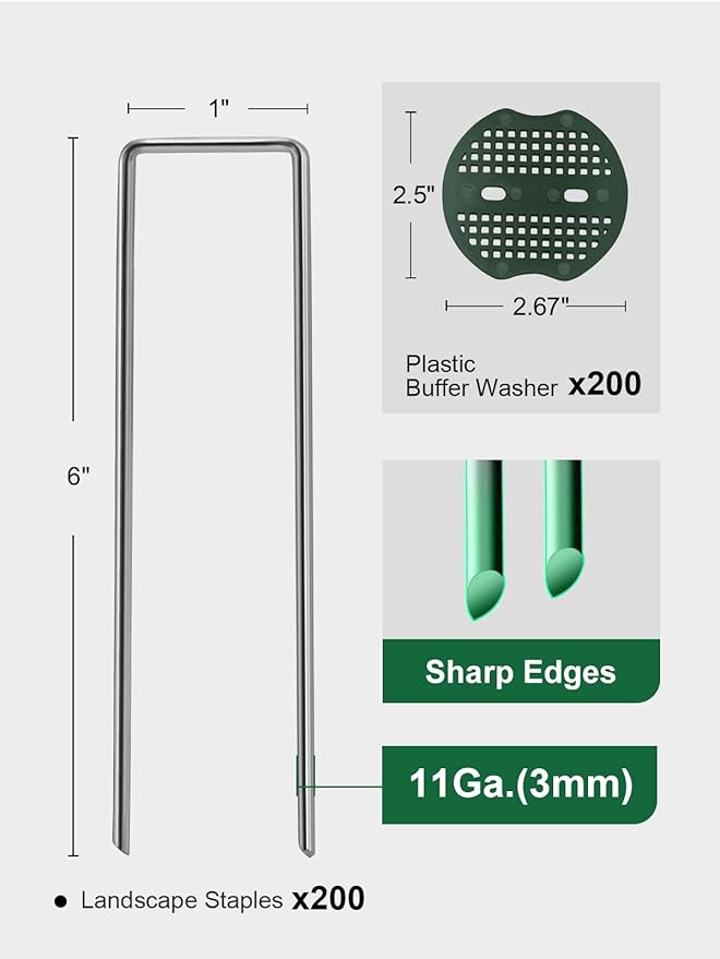 GROWNEER 200 Pack Galvanized Landscape Staples 6 inch 11 Gauge Garden Staples and 200 Pack Gasket U-Shaped Tent Stakes SOD Pins Yard Stakes for Securing Weed Fabric Barrier Ground Cover Fence