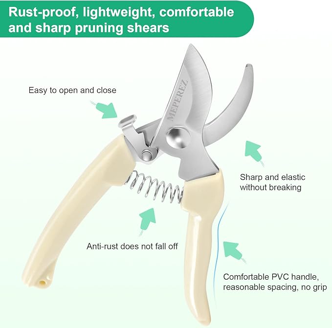 Premium garden shears, meperez pruning scissors gardening tools, pruners for flower, bushes, rose and fruit tree, use for florist, yard and orchard the plant clippers, sharp white steel anvil snips, 2