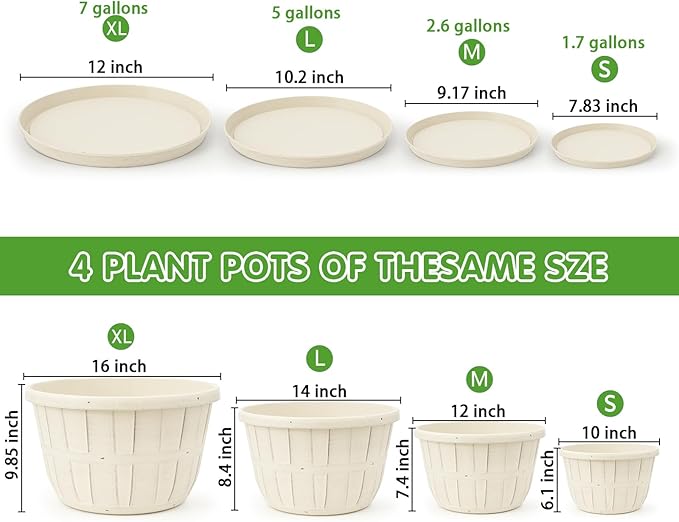 Quarut 12 Inch Large Planter Pot for Plants Indoor Outdoor, 4 Pack Plastic Flower Pots with Drainage Hole & Tray, Modern Decorative Garden Pot with Saucer, Plant Container for House(Beige)