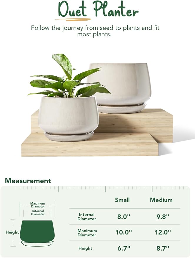 LE TAUCI Ceramic Plant Pots, Set of 2, 10 Inch 12 Inch Planters for Indoor Plants, Elegant Decorative Flower Pot, Sturdy Large Planter with Drainage Tray, Suitable for Porch, Reactive Glaze Beige