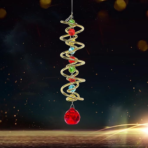 FONMY Gazing Ball Spiral Tail -Decorative Wind Spinner Sun Catcher Rainbow Maker Golden Double-Spiral W/Red Crystal Ball and Chain Crystals Beads for Indoor Outdoor Garden Decoration -14 inch Height