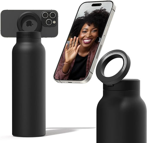 Ringo Insulated Water Bottle - Compatible MagSafe Water Bottle w/Phone Holder - Stainless Steel School Water Bottle w/Magnetic Phone Mount for Kids & Adult-Hot 12H, Cold 24H 360° Rotate - Black 24oz
