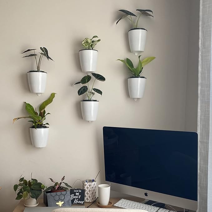 5 Packs 7.3”Wall Hanging Self Watering Planters Large Wall Mounted Plastic Plant Pots Wick Flower Pots for Indoor and Outdoor Wall Mounted Planters African Violet Pot Orchid Pots