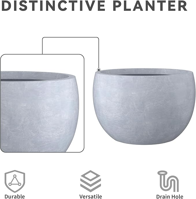 Kante 19.9" Dia Lightweight Concrete Outdoor Round Bowl Planter, Outdoor/Indoor Large Planters Pots with Drainage Hole for Garden Patio Balcony Deck Living Room, Slate Gray
