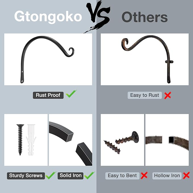 Gtongoko 2 Pack 14 Inch Plant Hangers Outdoor Metal Hanging Plant Bracket Bird Feeder Plant Hooks for Hanging Flower Basket, Wind Chimes, Solar Lanterns, Black