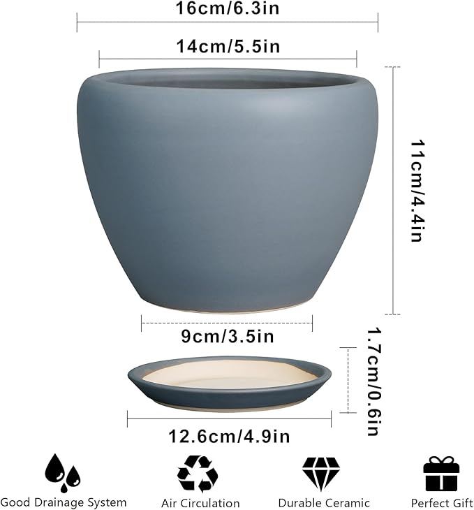 Ceramic Pot for Plants - 6 Inch Plant Pot Indoor with Drainage Hole and Saucer Decorative Planter for Outdoor Plants Modern Succulent Pot Round Flower Pot Gray