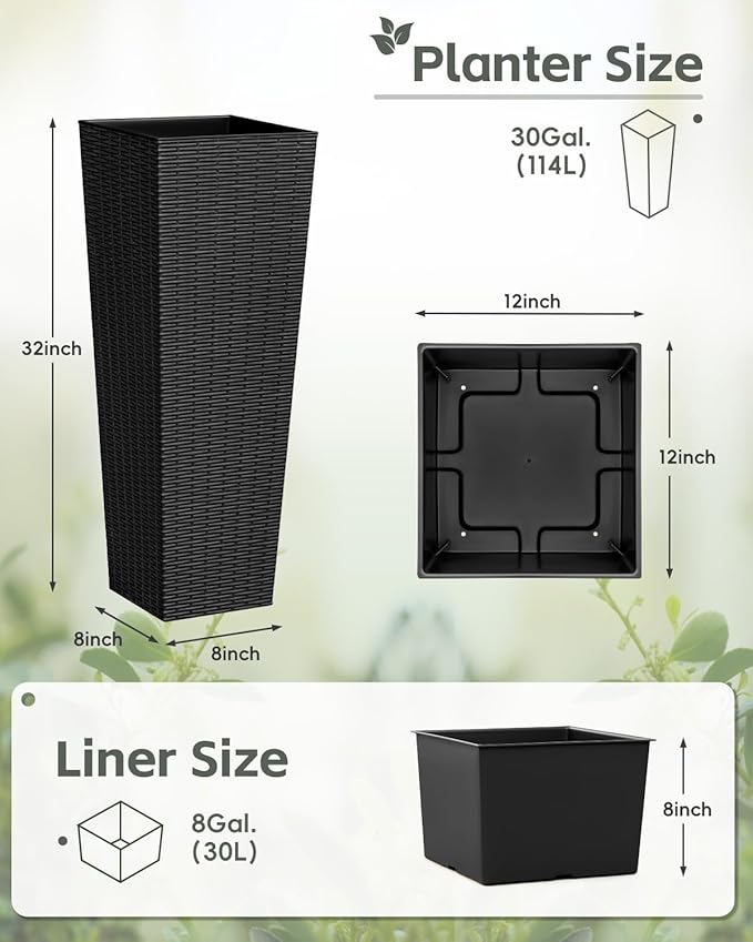 Greesum 32 Inch Tall Plastic Planters with Rattan Texture – Set of 2, Detachable Inner Pot & Drainage Holes, Indoor/Outdoor Decorative Flower Pots for Large Plants, Trees, Patio, and Garden, Black