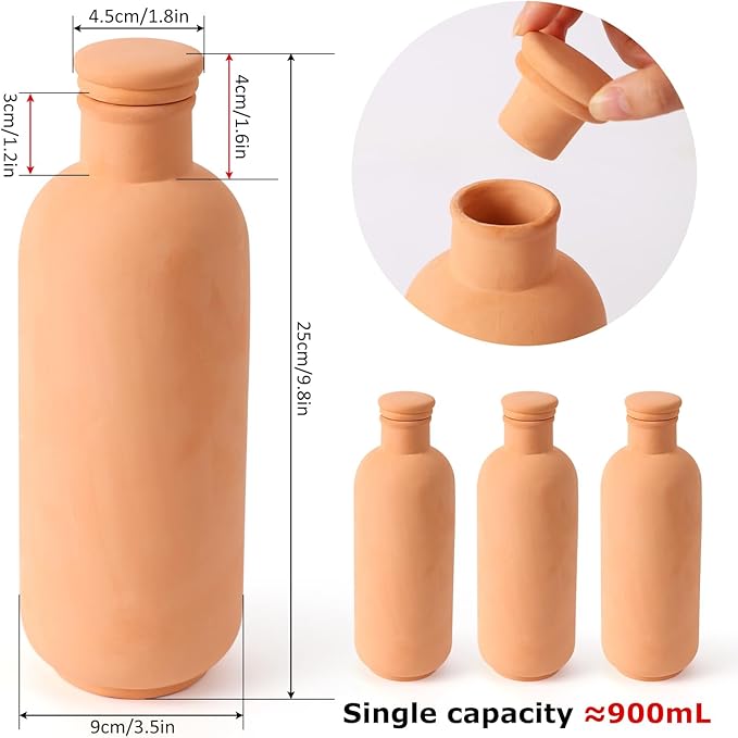 3pcs Ollas 10ร3.5ร3.5inch Terracotta Watering Pots Self Watering Planter Watering System 30.5oz Plant Watering Globes Clay Watering Pot with lid Terra Cotta Clay Irrigation Globes