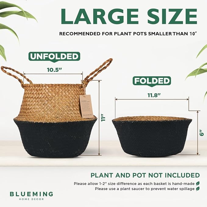 Basket Planter β Woven Seagrass Plant Pot for Tall Indoor Artificial Plants, Wicker Rattan Planters for Boho Decor 9-10 Inches (Black Bottom, Large)