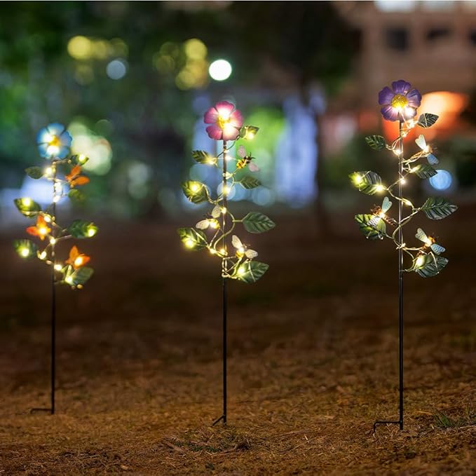 Set of 3 Solar Garden Lights,23'' H Flowers&Insect Decorative Garden Stakes,Waterproof Metal Spring Yard Art Decor,Solar Stake Lights for Outside,Lawn,Yard,Patio