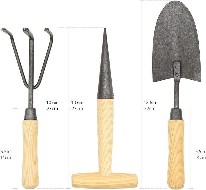 Japanese Gardening Tools Set, 3 Pcs Garden Tools Set, Nickel Plated Stainless Steel Heavy Duty Gardening Tools Kit, Hand Trowel, Dibble and Hand Rake