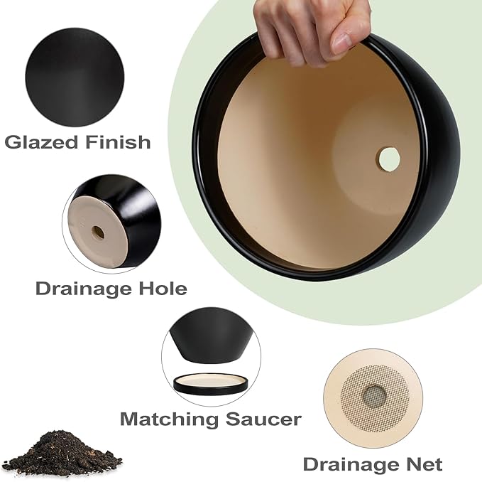 Ceramic Pots for Plants - 6 Inch Plant Pot with Drainage Hole and Saucer, Succulent Round Flower Planters for Indoor, Home Decor, Black