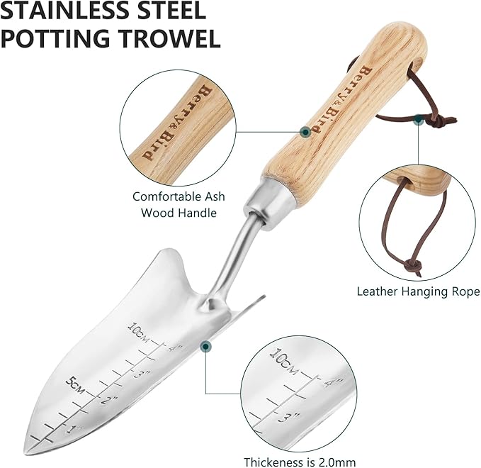 Berry&Bird Transplant Trowel with Measurements, Garden Stainless Steel Potting Hand Trowel with Wooden Handle, Small Garden Hand Shovel Transplanter Tool for Planting Digging Transplanting Gardening