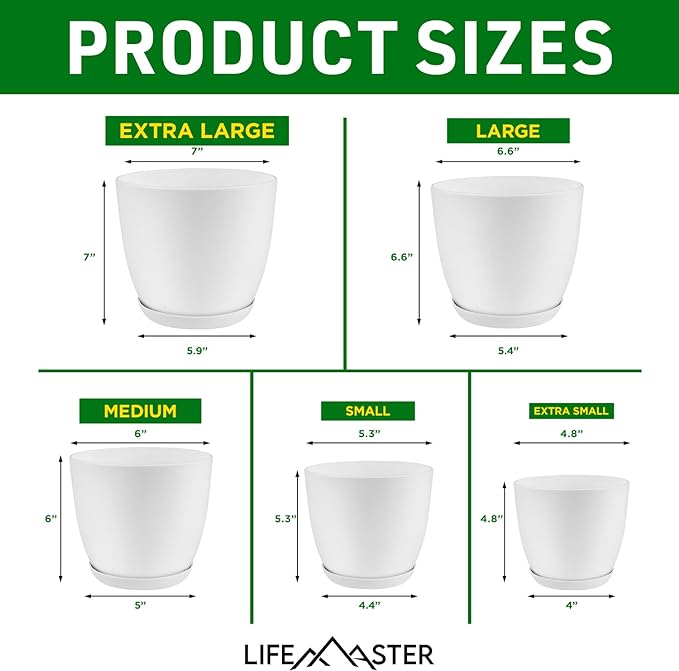 Eco Friendly Plant Pot Set -5-Pack Home Decor Flower Indoor and Outdoor Plastic Pots with Drainage Holes, Assorted Sizes (7", 6.6", 6", 5.3", 4.8") - Stackable Garden Versatile Planters
