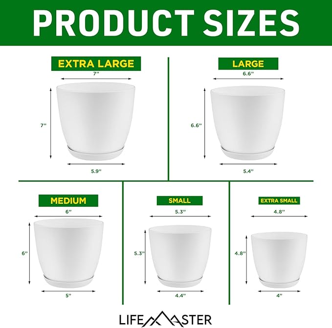 Eco Friendly Plant Pot Set -20-Pack Home Decor Flower Indoor and Outdoor Plastic Pots with Drainage Holes, Assorted Sizes (7", 6.6", 6", 5.3", 4.8") - Stackable Garden Versatile Planters