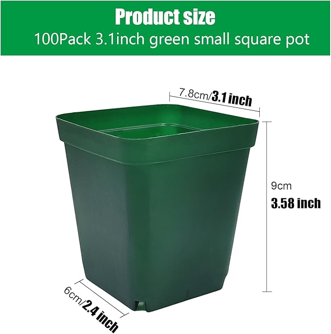 Square Seedling Nursery Pots 3.15 Inches 100 Pcs for Small Succulents or Cacti Flower Plastic Pots Sturdy Reusable (Green, 3.14Inches,100Pcs)