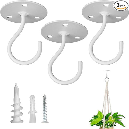 Ceiling Hooks for Hanging Plants - Metal Heavy Duty Wall Mounted Hangers for Hanging Bird Feeders, Planters, Wind Chimes, Include Professional Drywall Anchors (3-Pack (White)
