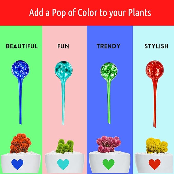 LGL Plant Watering Globes - Automatic Self Watering Globes. Decorative Self Watering Planter Inserts Made From Hand-Blown Durable Glass. Self Watering Spikes to Support Plant Health. 4 Pack, Small.